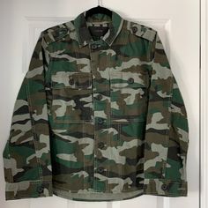 Camo Shacket. Unlined With 2 Chest Pockets And Epaulettes. Never Worn Perfect Condition Camouflage Long Sleeve Outerwear With Button Closure, Casual Camouflage Utility Jacket With Flap Pockets, Casual Camouflage Button-up Outerwear, Casual Camouflage Outerwear With Button Closure, Casual Camouflage Workwear Outerwear, Chest Pocket, Camo, J Crew, Jackets & Coats