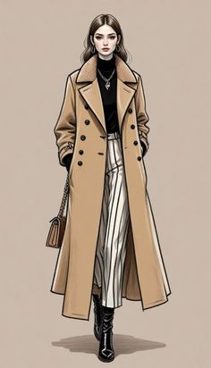 a drawing of a woman in a trench coat and striped pants, with her hand on her hip