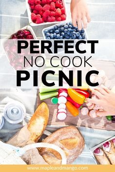 the words perfect no cook picnic are overlaid with images of fresh fruits and vegetables