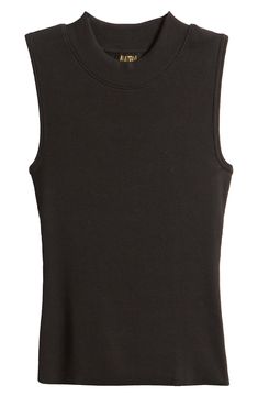 Cut from a stretchy ribbed knit for a figure-skimming fit, this top makes a great layer and looks great as the shoulder-flaunting solo star of your look. 22 1/2" length (size Medium) Mock neck Sleeveless 95% organic pima cotton, 5% spandex Machine wash, tumble dry Made in Peru Black Sleeveless Top With Ribbed Neckline, Sleeveless Tops With Ribbed Neckline For Workwear, Classic Sleeveless Ribbed Top, Classic Black Tank Top, Sleeveless Fitted Top With Ribbed Neckline, Fitted Sleeveless Top With Ribbed Neckline, Ribbed Tank Top For Workwear, Ribbed Tank Top For Work, Sleeveless Mock Neck