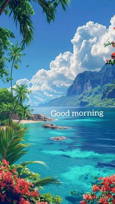 the words good morning are in front of an image of tropical trees and blue water