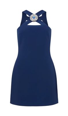 CRYSTAL-BROOCH CREPE MINI DRESS IN NAVY BLUE Navy Mini Dress For Evening, Chic Navy Mini Dress, Elegant Navy Mini Dress For Night Out, Elegant Navy Sleeveless Mini Dress, Chic Navy Mini Dress For Formal Occasions, Elegant Navy Mini Dress, Elegant Navy Mini Dress For Formal Occasions, Chic Navy Mini Dress For Date Night, Elegant Navy Mini Dress For Evening