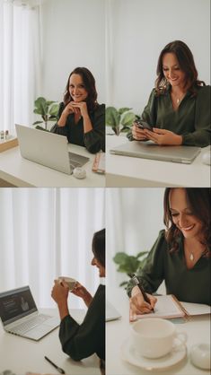 a woman sitting at a table with a laptop and cell phone