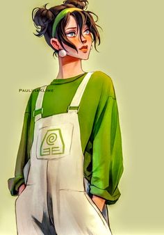 a drawing of a woman in overalls and green shirt with her hair pulled back