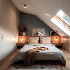 a bed sitting under a skylight in a bedroom next to a dresser and lamp