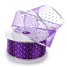 Wired Ribbon | Purple/Silver Glitter Spangle Dots Get creative with our 2.5" wired DIY craft ribbon! Beautiful purple sheer ribbon base with sparkly glitter silver dots perfect for your Over-the-Hill birthday, wedding ribbons and bows, Christmas holiday trees and wreaths, or shower gift packaging and dcor needs. Silver metallic banded edging that helps the ribbon to be shaped into perfect loops and bows and hold their desired shape. 100% Nylon *25yd reels may be spliced Size: 10yds. Wire Diy Crafts, Wedding Ribbons, Bows Christmas, Holiday Trees, Ribbon Crafts Diy, Wire Diy, Shabby Flowers, Purple Christmas, Glitter Ribbon