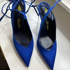 I Used It 2 Times Only Blue Almond Toe Heels With Heel Strap, Blue Heels With Branded Insole For Evening, Chic Blue Pointed Toe Heels, Blue Block Heel With Branded Insole, Blue Closed Toe Heels With Branded Insole, Chic Royal Blue High Heels, Blue Almond Toe Heels With Wrapped Heel, Blue Evening Heels With Sculpted Heel, Royal Blue Pointed Toe Heels For Evening