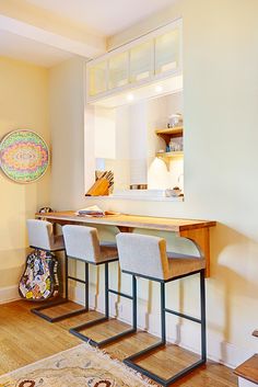 three stools are sitting in front of a counter