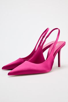 SATIN EFFECT HEELED SLINGBACKS - Fuchsia | ZARA United States Fuchsia Heels, Hot Pink Heels, Blazers Shoes, Joggers Shoes, Zara Heels, Waistcoat Dress, Pink High Heels, Slingback Shoes, Kinds Of Shoes