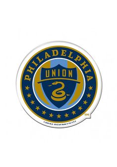 the philadelphia union sticker is shown in blue and gold with stars on white background