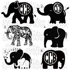 four elephants with monogrammed initials and the letters c, b, d, e