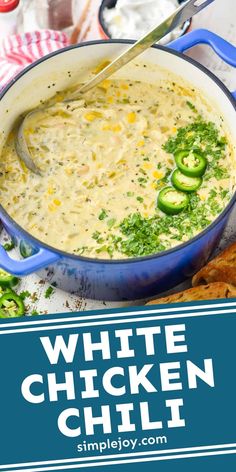 white chicken chili with jalapenos in a blue pot and text overlay