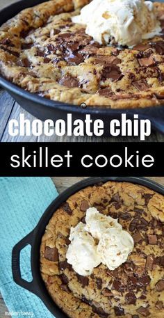 chocolate chip skillet cookie with ice cream in the middle and on top, before and after it has been baked