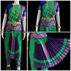 Design by Classical Dance Jewelry® ❥ Traditional Bharatanatyam costume wore during regular dance programs or arrangetram performance. ❥ Material : Art Silk ❥ Type : Traditional pant costume ❥ Easy to wear ❥ layer front fan  34 inch PANT LENGTH Dress Measurements ( all the measurements approximately 1 -2 margin buffer) ❥ PANT MEASUREMENTS:   ☛ Pant Length: 33-34 inch   ☛ Pant Waist: 30-31 inch   ☛ Pant Hip: 32-33 ❥ BLOUSE MEASUREMENTS:   ☛ Blouse length: 12-13 inch   ☛ Blouse Shoulder : 13-14 inch   ☛ Blouse around Bust: 28-29 inch   ☛ Blouse Lower Chest: 26-28 inch   ☛ Blouse Sleeves length: 6-8 inch   ☛ Blouse sleeve round: 9 - 10 inch   ☛ Blouse armpit round: 13 - 14 inch   ☛ Dhavani measurements: 46 inch    Set includes     ☛ Pant, Blouse, Dhavani, fans, seat bit etc  Set includes     ☛ Bollywood Style Green Ceremonial Sets, Green Ceremonial Sets For Festivals, Green Ceremonial Sets With Pallu, Ceremonial Green Sets With Pallu, Ceremonial Green Saree Set, Green Tilla Sets For Traditional Ceremonies, Bollywood Green Saree With Peacock Design, Traditional Multicolor Dance Sets, Traditional Green Ceremonial Sets