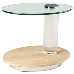 a glass table with a wooden base and round glass top on an isolated white background