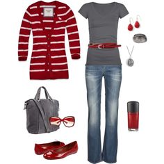 grey & red Wardrobe Capsule, Pretty Clothes, Jamberry, Red Outfit, Casual Clothing, Print Blouse, Mode Inspiration