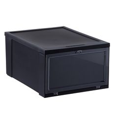 a black box with the door open on a white background