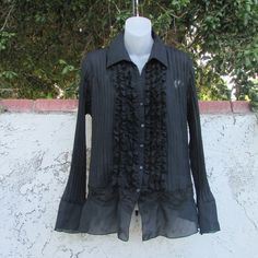 100% Polyester Brand New W/O Tag Gothic Fitted Tops For Workwear, Black Button-up Top With Ruffles, Black Long Sleeve Ruffled Shirt, Formal Black Tops With Ruffles, Black Ruffled Long Sleeve Shirt, Black Ruffled Tops For Formal Occasions, Formal Black Ruffled Tops, Black Casual Shirt With Ruffles, Casual Black Shirt With Ruffles