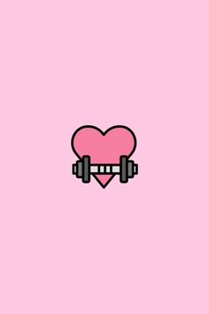 a pink heart with dumbbells on it's side against a pink background