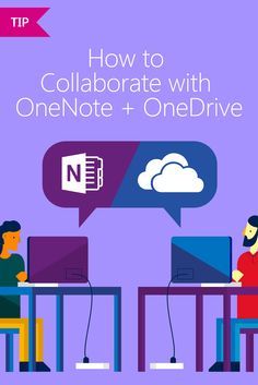 two people sitting at desks with laptops in front of them and the text how to collaborate with one note + onedrive