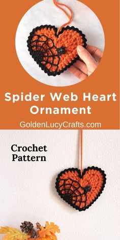 crochet spider web heart ornament is hanging on the wall