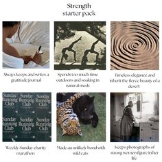 four different pictures with the words strength, starter pack and an image of a person writing