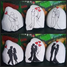 four pictures of painted rocks with the silhouettes of two people kissing and holding red hearts