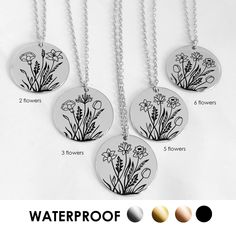 Personalized coin combined birth flower bouquet necklace engraved with up to six birth month flowers, this pendant makes a great birthday gift for friends, sisters, mom and grandma. Our high quality heart necklace measures  0.8" / 20mm and it is made of surgical stainless steel, a waterproof and non tarnish metal that will not fade its color overtime. The necklace comes with an adjustable chain (18"-20")  ♥  ENGRAVING DETAILS The necklace can be engraved on the front with your desired birth flowers and the back can be blank or we can engrave the following options: 1.- Add custom message and any of our symbols CUSTOM IMAGES a) QR code - Record a message or use a voice recording of a loved one and send us the audio file to: mobimomentos@gmail.com and we will create the QR code that can be sc Birth Flower Bouquet, Font Examples, Voice Recording, Month Flowers, Birth Month Flowers, Mom And Grandma, Great Birthday Gifts, Birth Flower, Birthstone Charms