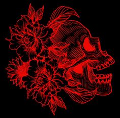 a drawing of a skull and flowers on a black background