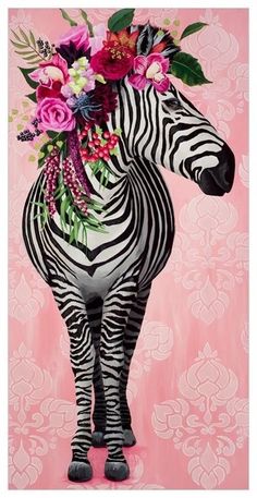 a painting of a zebra with flowers on it's head, against a pink background