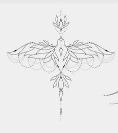 a drawing of a bird with wings and jewels on it's back side, in black and white