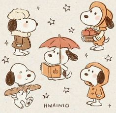 a drawing of peanuts holding an umbrella with other characters around it and the caption reads, i love you