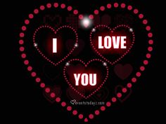 the words i love you are surrounded by hearts in red and black colors on a dark background