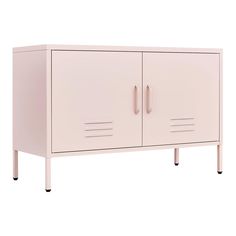 a white cabinet with two doors and legs