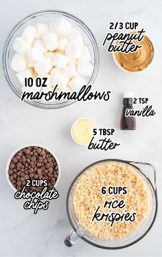 the ingredients to make marshmallows in bowls on a white counter top with text overlay that says, how to make marshmallows