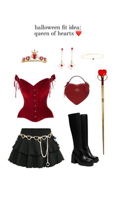 a red corset, black skirt and boots are featured in this halloween costume