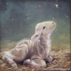 an oil painting of a lamb laying on the ground in front of a star filled sky