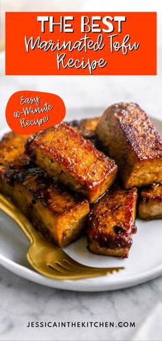 grilled tofu on a white plate with text overlay