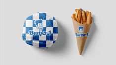 a burger king sandwich next to a cone of french fries on a gray background with the word burger 1 printed on it