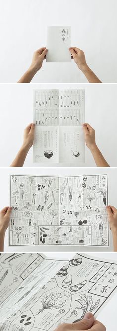 hands holding up an open book with drawings on it and the pages in different positions