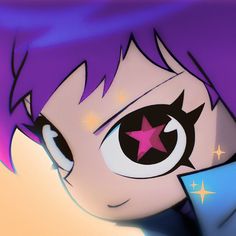 an anime character with purple hair and stars on her eyes, holding his hand to his face