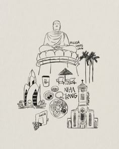 a drawing of a buddha statue surrounded by other things