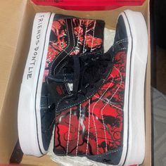 New Stranger Things Vans Size 4.0 Men’s 5.5 Women’s Vans High-top Skate Shoes With Red Sole, Sporty Vans Sneakers With Red Sole, Vans Lace-up Skate Shoes With Red Sole, Vans Leather Sneakers With Red Sole, Vans Skate Shoes With Red Sole For Streetwear, Vans Low-top Sneakers With Red Sole, Stranger Things Vans, Stranger Things Shoes, Vans Old Skool Custom