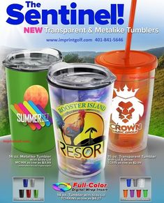 an advertisement for the new transparent and metallic tumblers with pictures of different colored cups