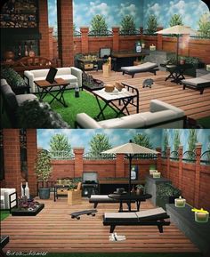 two pictures of an outdoor living area with furniture