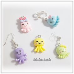 Super Cute Octopus Dangle Earrings 1 Pair per color Resin  Silver Plated/Tone Earwires Choose from Pink, Yellow, Blue, Green, Purple Choose Plastic Invisible Clips,  metal clips, or fish hook types for pierced ears.  See the picture(s) for more details. Please allow 2 to 4 business days to ship your order. The additional shipping charge, when combined with another item, is 25 cents (Combined Payment Only). Add items to the cart to combine. Visit my Etsy Shop: https://www.etsy.com/shop/JuiceboxJewels I do not take returns/exchanges on earrings for hygienic reasons. Handmade Multicolor Kawaii Earrings, Multicolor Dangle Earrings In Kawaii Style, Kawaii Multicolor Dangle Earrings, Kawaii Dangle Earrings, Color Resin, Cute Octopus, Resin Charms, Fish Hook, Pierced Ears