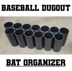 a bunch of black plastic cups sitting on top of a white floor next to the words baseball dugout