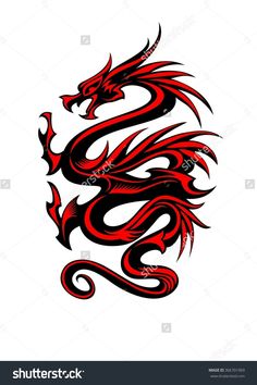 a red and black dragon tattoo design on a white background, suitable for t shirts or other items