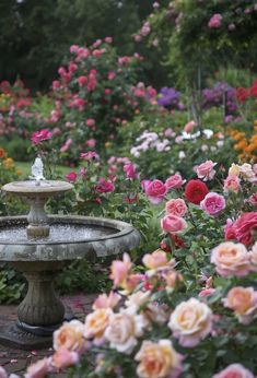 a garden filled with lots of pink and red flowers next to a fountain surrounded by greenery