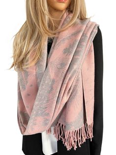 "Ladies pink grey cashmere scarf shawl / thick warm Winter blanket scarves for women. Long and SUPER soft, peacock feather print ladies gift. Chunky oversized scarf wrap that makes the perfect \"Gift for her\" or \"Christmas gift for her\"! Large shawl Winter scarf that is easy to wear and multi purpose; can be worn as a pashmina shawl scarf, big wrap, infinity scarf or wearable blanket. Beautifully designed quality scarf in gorgeous colours - the perfect accessory for colder days. Beautiful pre Feather Scarf, Womens Gifts, Shawl Winter, Pink Shawl, Blanket Scarves, Winter Blanket, Pretty Scarves, Cashmere Blanket, Oversized Scarf